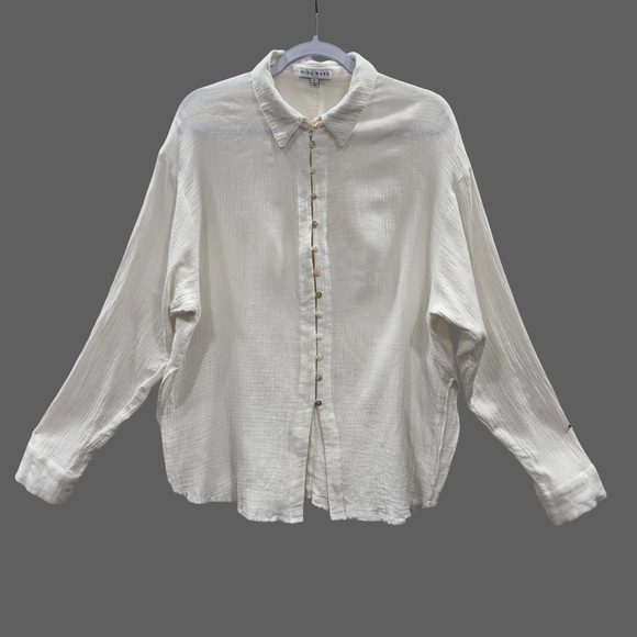 MIOU MUSE Off White Gauze Cotton Pearl Button Side Split Long Sleeve Raw Hem L - Picture 1 of 10